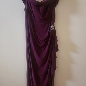 Alex Evenings Plum Draped Maxi Dress with Beaded Side Accent